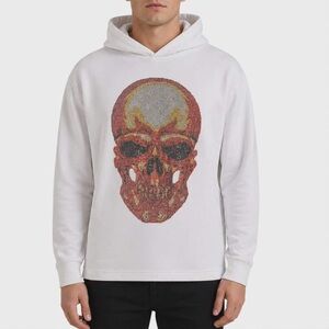 Head or Tail Mens Hoodie XL White Rhinestone Skull Embellished Sweatshirt New